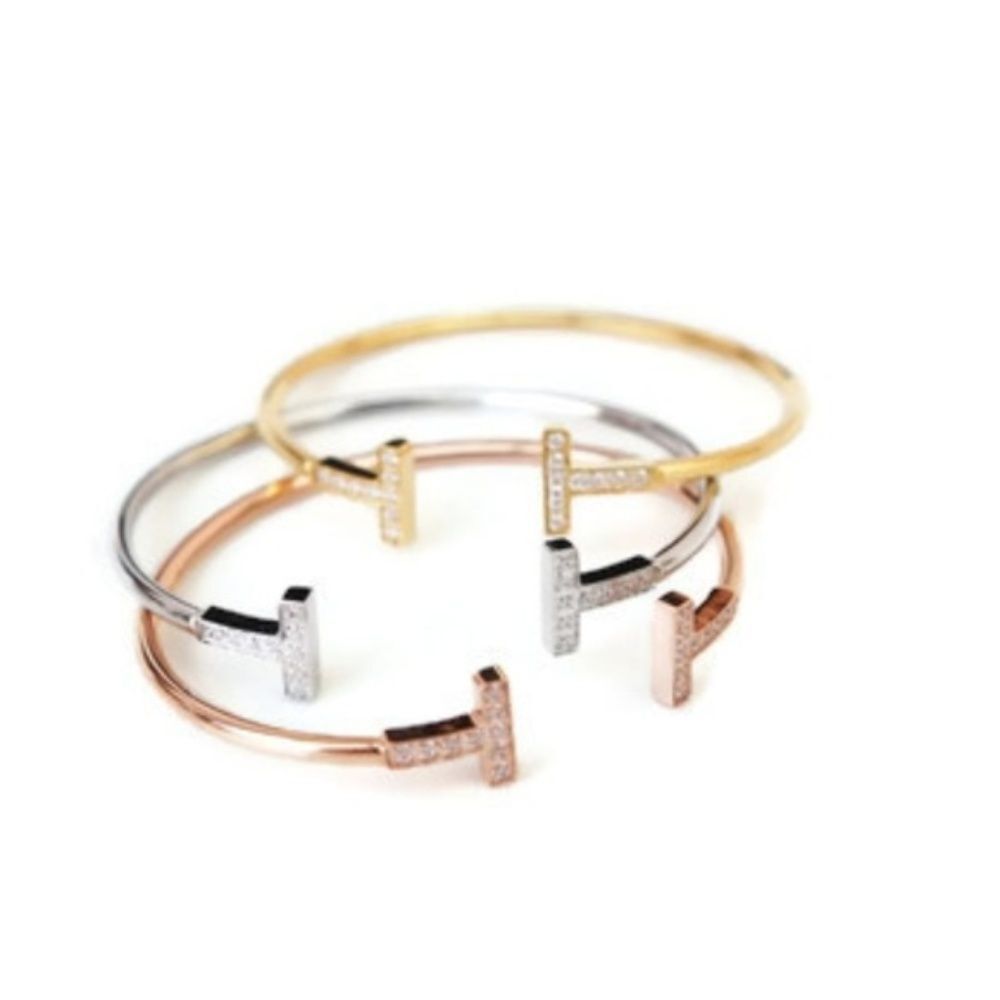 Pave T Bangle Cuff Bracelet Rose Gold Tone Last One!